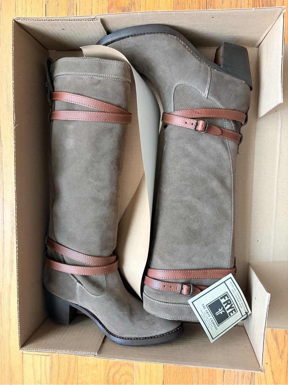 NEW Frye Size 7 Jane Strappy Tall Suede Boots Fatigue